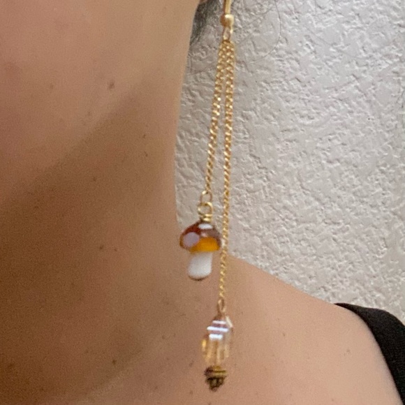 Handmade Mushroom Lampwork Beads Dangling Drop Earrings - Picture 2 of 9